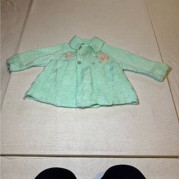Mint Green Baby Cardigan with Floral Accents - Picture 1 of 5